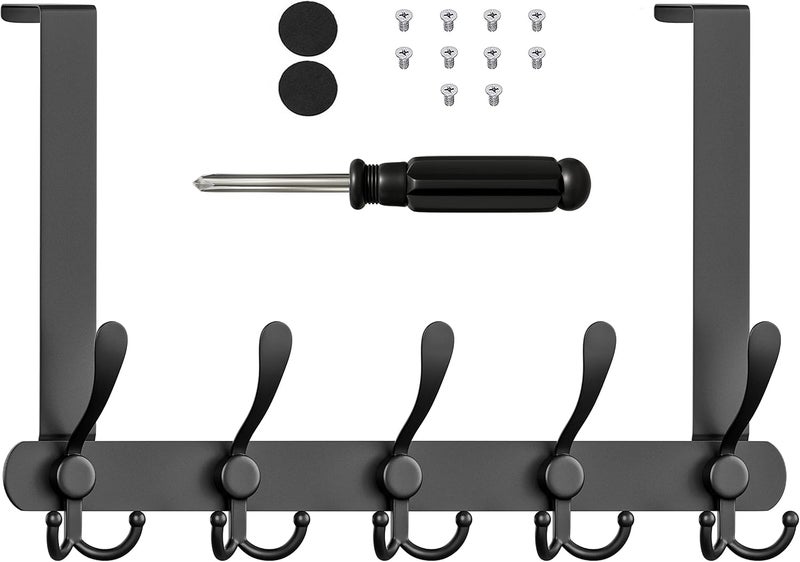 Excefore Door Hooks, Over Door Hanger with 5 Triple Hooks, 40CM Stainless Steel Coat Hanger for Bathroom, Bedroom, Closet, Bags, Keys, Black - Image 1