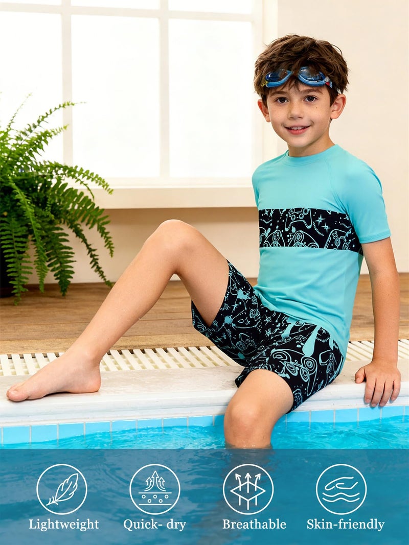 SunFocus Kids Swimsuits for Boys Rash Guard Set Short Sleeve Bathing Suit Game Console Swim Shirts with Trunks Quick Dry Swim Set Size 10-12 - Image 5