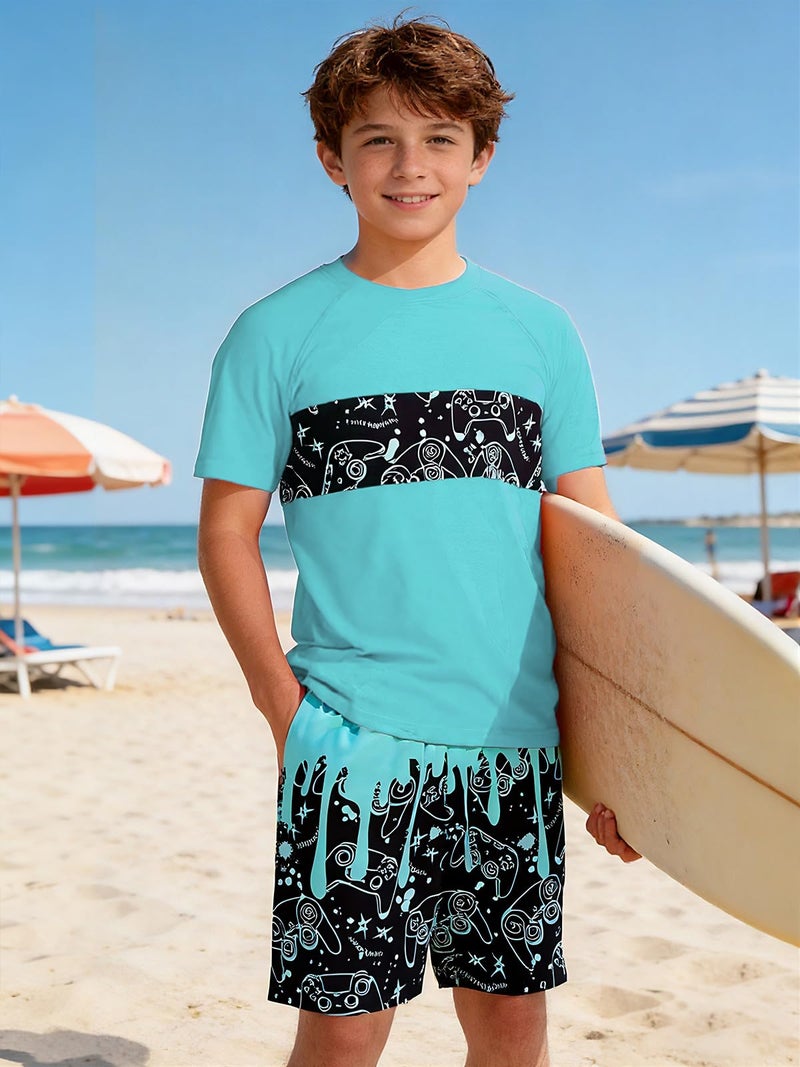 SunFocus Kids Swimsuits for Boys Rash Guard Set Short Sleeve Bathing Suit Game Console Swim Shirts with Trunks Quick Dry Swim Set Size 10-12 - Image 2