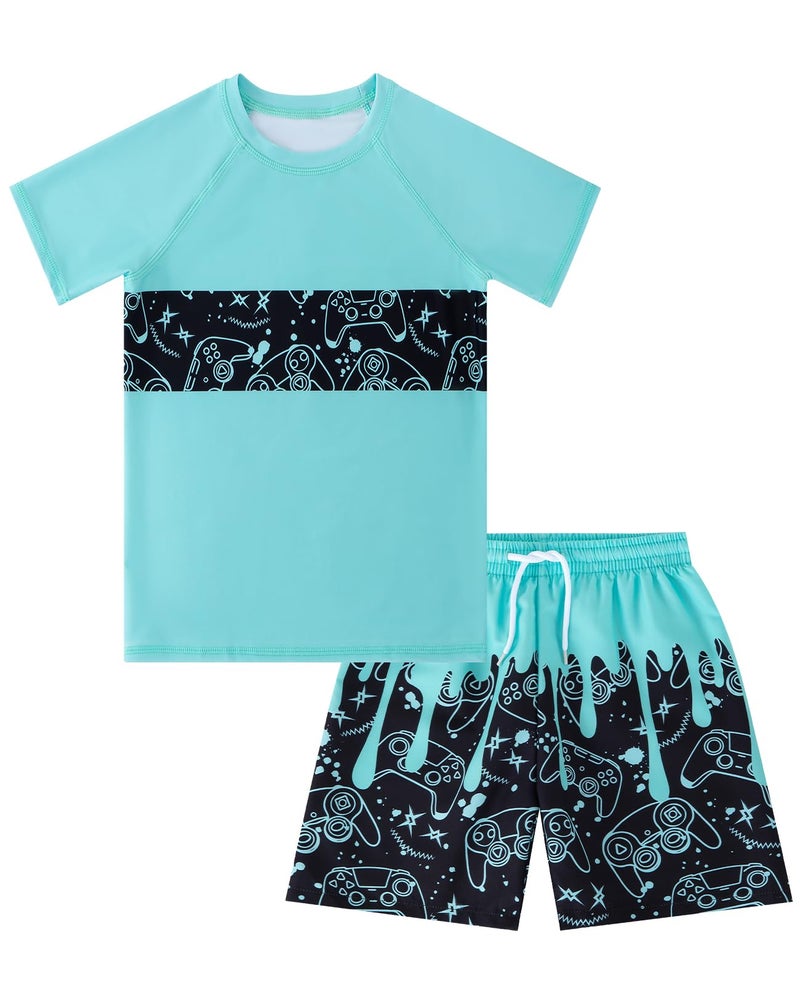 SunFocus Kids Swimsuits for Boys Rash Guard Set Short Sleeve Bathing Suit Game Console Swim Shirts with Trunks Quick Dry Swim Set Size 10-12 - Image 1