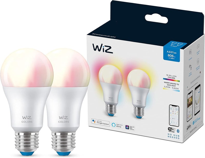 ويز WiZ Colour [قاعدة إديسون E27] لمبة ذكية متصلة بالواي فاي عبوة من 2. 60W ضوء ملون وأبيض، تحكم بالتطبيق للإضاءة الداخلية المنزلية، غرفة المعيشة، غرفة النوم. - Image 1