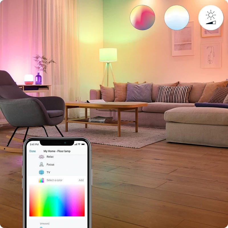 ويز WiZ Colour [قاعدة إديسون E27] لمبة ذكية متصلة بالواي فاي عبوة من 2. 60W ضوء ملون وأبيض، تحكم بالتطبيق للإضاءة الداخلية المنزلية، غرفة المعيشة، غرفة النوم. - Image 4