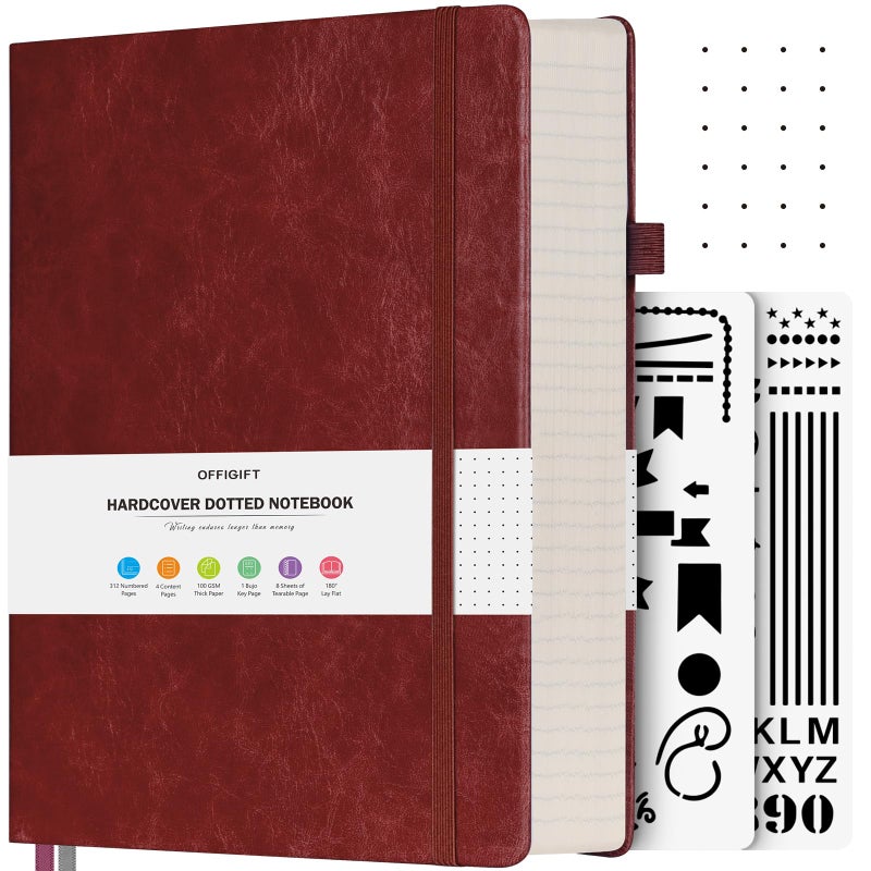 OFFIGIFT Bullet Dotted Journal Notebook, 312 Numbered Pages A5 Hardcover Leather Journal, 100gsm No Bleed Paper Dot Grid Notebook with Index Pages, Dot Journal for Women Men, 5.75" x 8.38", Burgundy - Image 1