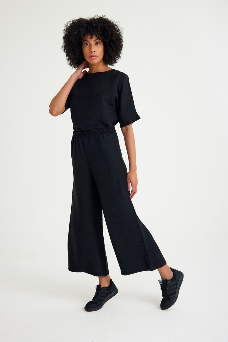 Barbora Linen Daily Comfortable Elastic Waist Women's Two Piece Set Bottom Top LN10BLACK2  - Image 3