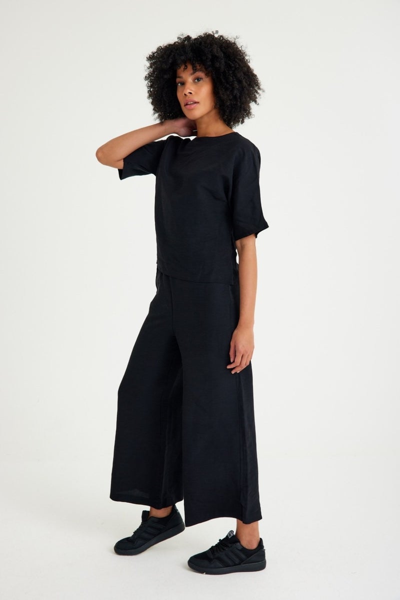 Barbora Linen Daily Comfortable Elastic Waist Women's Two Piece Set Bottom Top LN10BLACK2  - Image 2