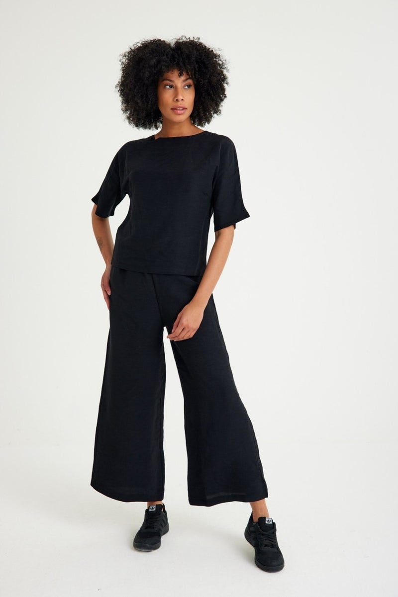 Barbora Linen Daily Comfortable Elastic Waist Women's Two Piece Set Bottom Top LN10BLACK2  - Image 1