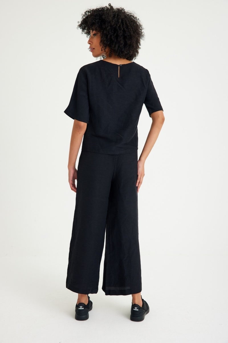 Barbora Linen Daily Comfortable Elastic Waist Women's Two Piece Set Bottom Top LN10BLACK2  - Image 4