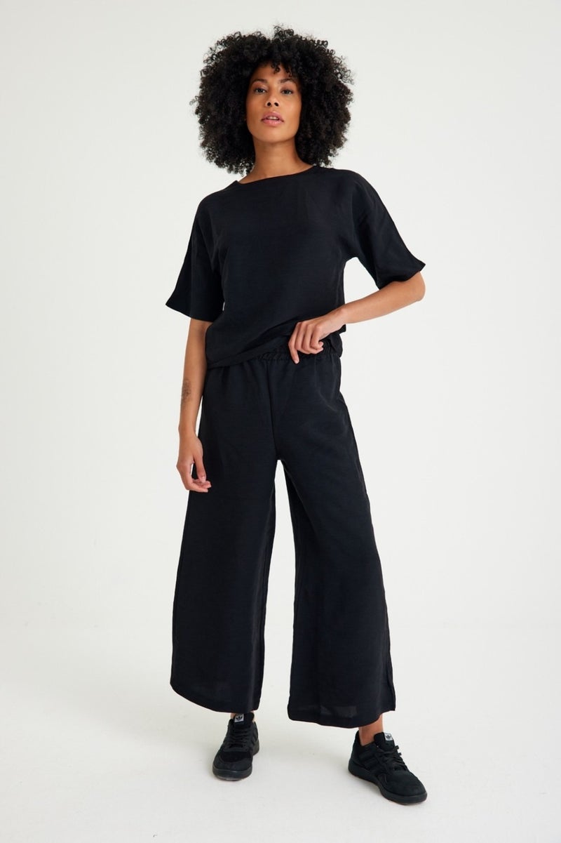 Barbora Linen Daily Comfortable Elastic Waist Women's Two Piece Set Bottom Top LN10BLACK2  - Image 5