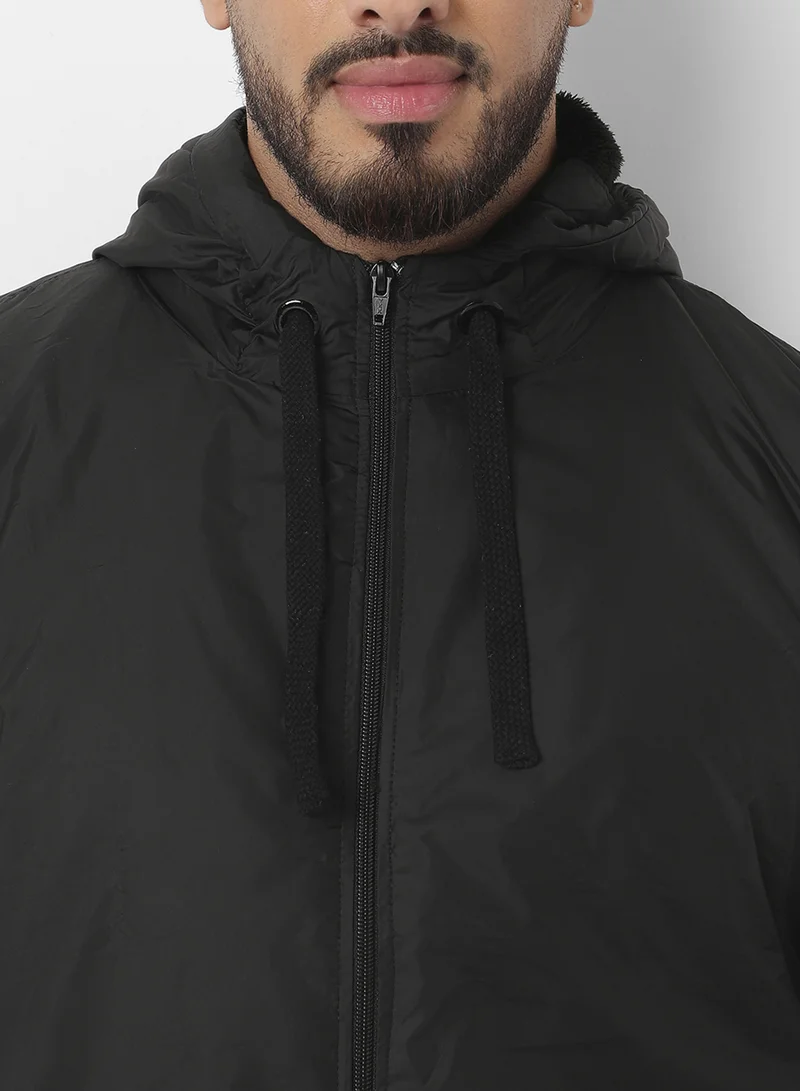 Instafab Plus Instafab Plus Men's Black Zip-Front Puffer Jacket With Ribbed Hem For Casual Wear | Hood Neck | Long Sleeves | Zip Closure | Polyester Jacket Crafted With Comfort Fit For Everyday Wear