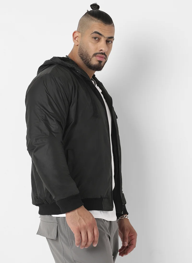 Instafab Plus Instafab Plus Men's Black Zip-Front Puffer Jacket With Ribbed Hem For Casual Wear | Hood Neck | Long Sleeves | Zip Closure | Polyester Jacket Crafted With Comfort Fit For Everyday Wear