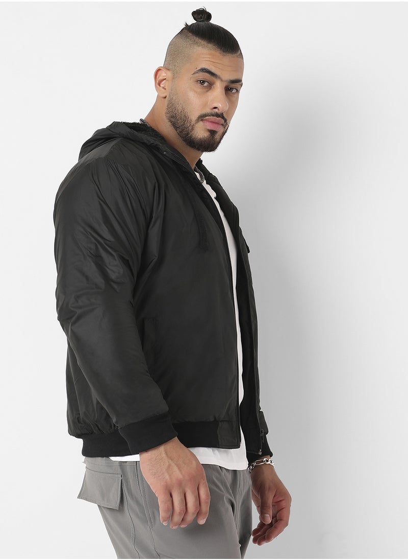 Instafab Plus Instafab Plus Men's Black Zip-Front Puffer Jacket With Ribbed Hem For Casual Wear | Hood Neck | Long Sleeves | Zip Closure | Polyester Jacket Crafted With Comfort Fit For Everyday Wear  - Image 3