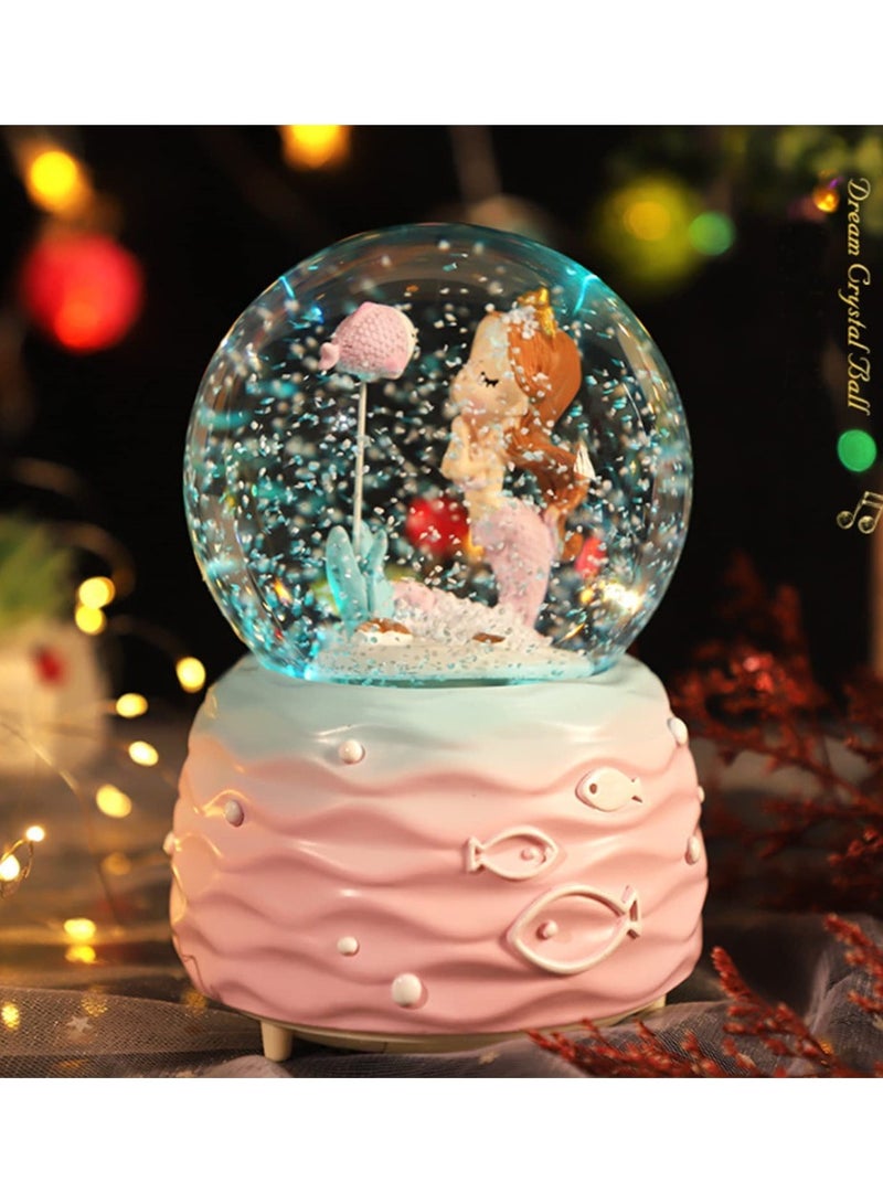 Snow Globes Mermaid Snowglobes with Musical LED Lights Glitter Display Decoration Home Decor for Kids Room Essentials Birthday Gift Precious Keepsake lovely Novelty Gifts and Collectibles Pink - Image 1
