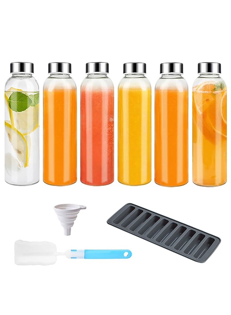 زجاجات شفافة سعة 18 أونصة مع أغطية، مجموعة من 6، زجاجات عصير قابلة لإعادة الاستخدام والتعبئة، حاويات تخزين سائلة بفم واسع، 100% مقاومة للتسرب، خالية من BPA، مع فرشاة تنظيف/صواني ثلج/قمع سيليكون - Image 1