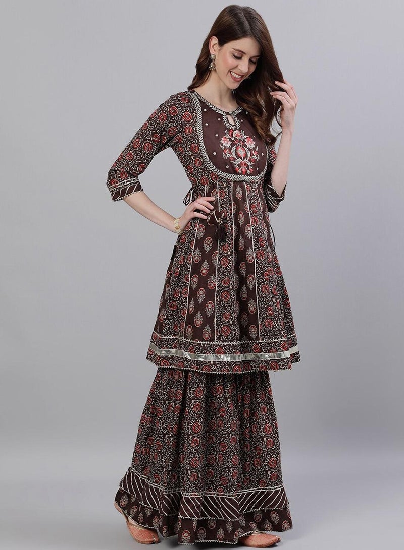 ISHIN Women's Brown 100% Cotton Embroidered Tunic Full Length Palazzo Regular Fit Kurta Set  - Image 5