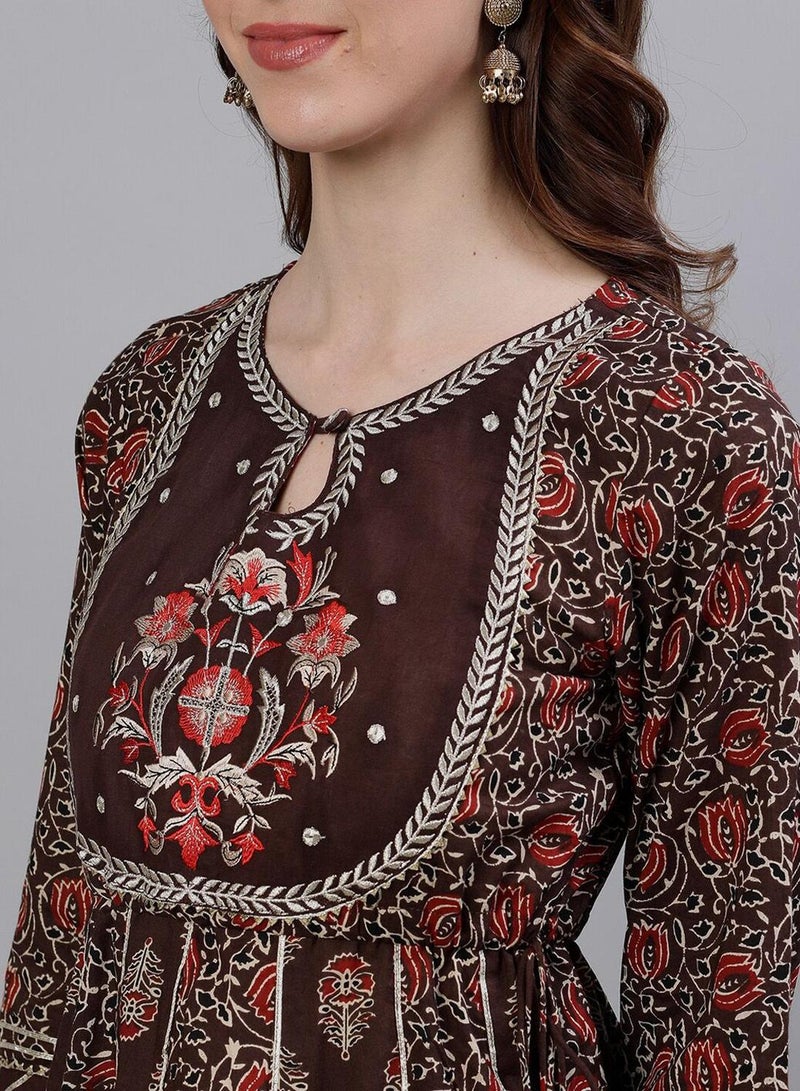ISHIN Women's Brown 100% Cotton Embroidered Tunic Full Length Palazzo Regular Fit Kurta Set  - Image 2