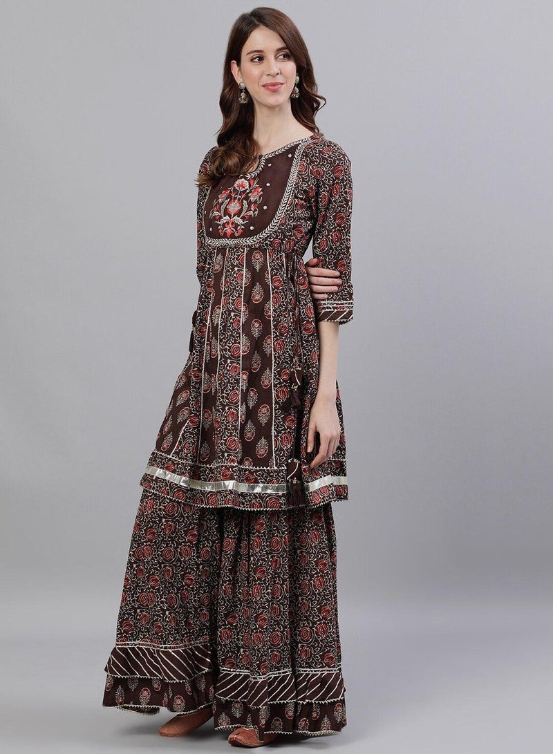 ISHIN Women's Brown 100% Cotton Embroidered Tunic Full Length Palazzo Regular Fit Kurta Set  - Image 1
