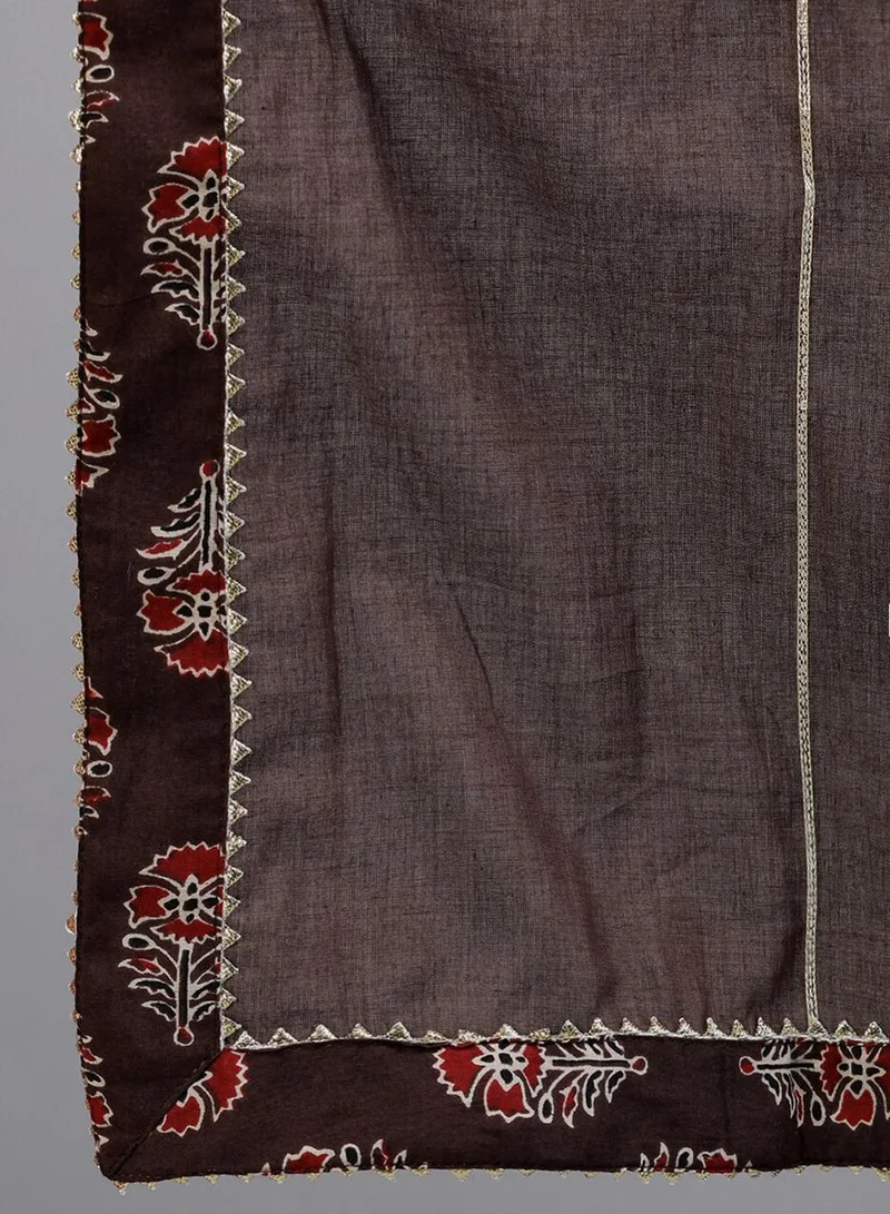ISHIN Women's Brown 100% Cotton Embroidered Tunic Full Length Palazzo Regular Fit Kurta Set