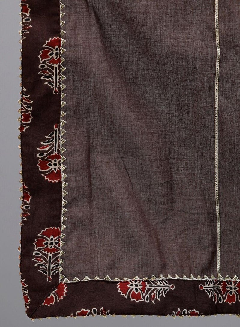 ISHIN Women's Brown 100% Cotton Embroidered Tunic Full Length Palazzo Regular Fit Kurta Set  - Image 3