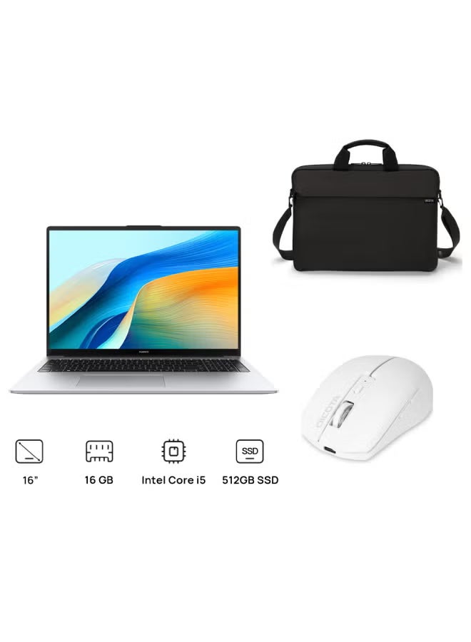 هواوي لابتوب ميت بوك D16 (نسخة محدثة) بشاشة 16 بوصة بدقة فول إتش دي (1920x1080)، مع معالج كور i5-12450H/ذاكرة عشوائية 16 جيجابايت DDR5/قرص صلب SSD سعة 512 جيجابايت/ويندوز 11 برو + فأرة ديكوتا + حقيبة ديكوتا - Image 1