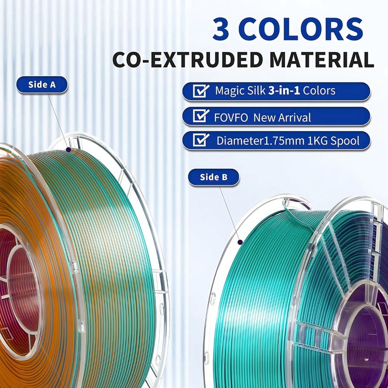 Protomont TECHNOLOGIES خيوط فيلامونت PLA الحريرية 1.75 مم، خيوط طابعة ثلاثية الأبعاد، خيوط حريرية لامعة 1.75 PLA، 1 كجم (2.2 رطل) / بكرة (حرير أزرق بنفسجي برتقالي) - Image 3