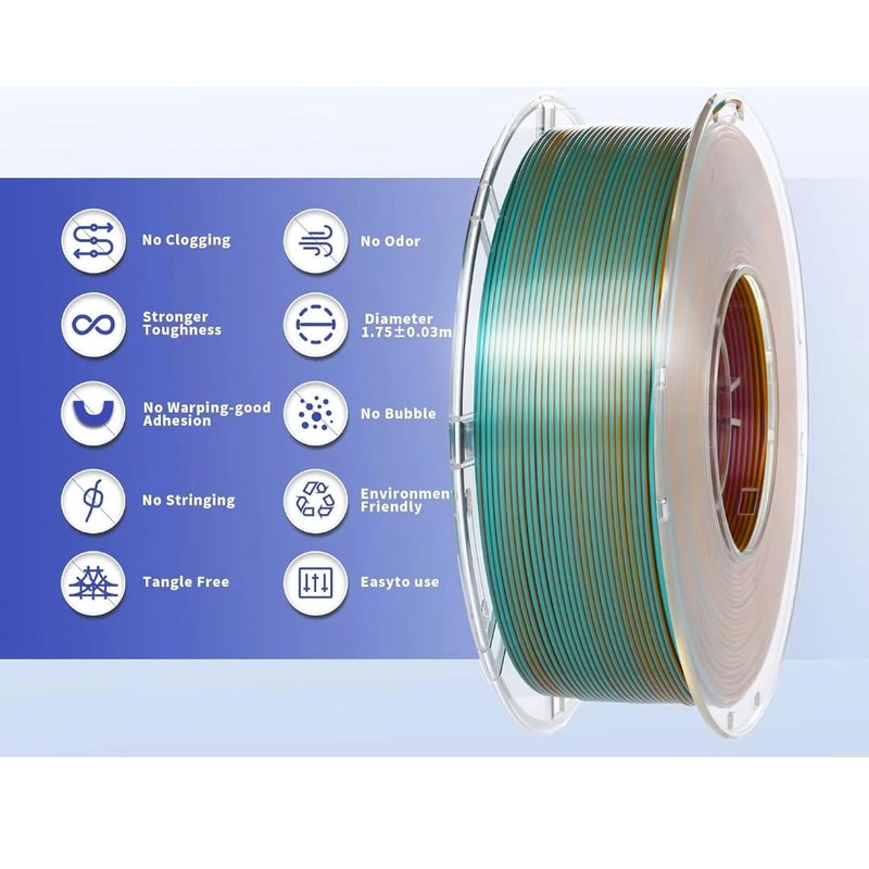 Protomont TECHNOLOGIES خيوط فيلامونت PLA الحريرية 1.75 مم، خيوط طابعة ثلاثية الأبعاد، خيوط حريرية لامعة 1.75 PLA، 1 كجم (2.2 رطل) / بكرة (حرير أزرق بنفسجي برتقالي) - Image 4