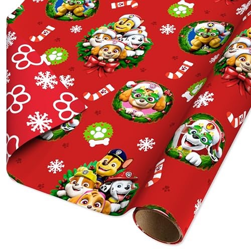 American Greetings Reversible Christmas Wrapping Paper for Kids Paw Patrol and Paw Prints 1 Roll 75 sq ft