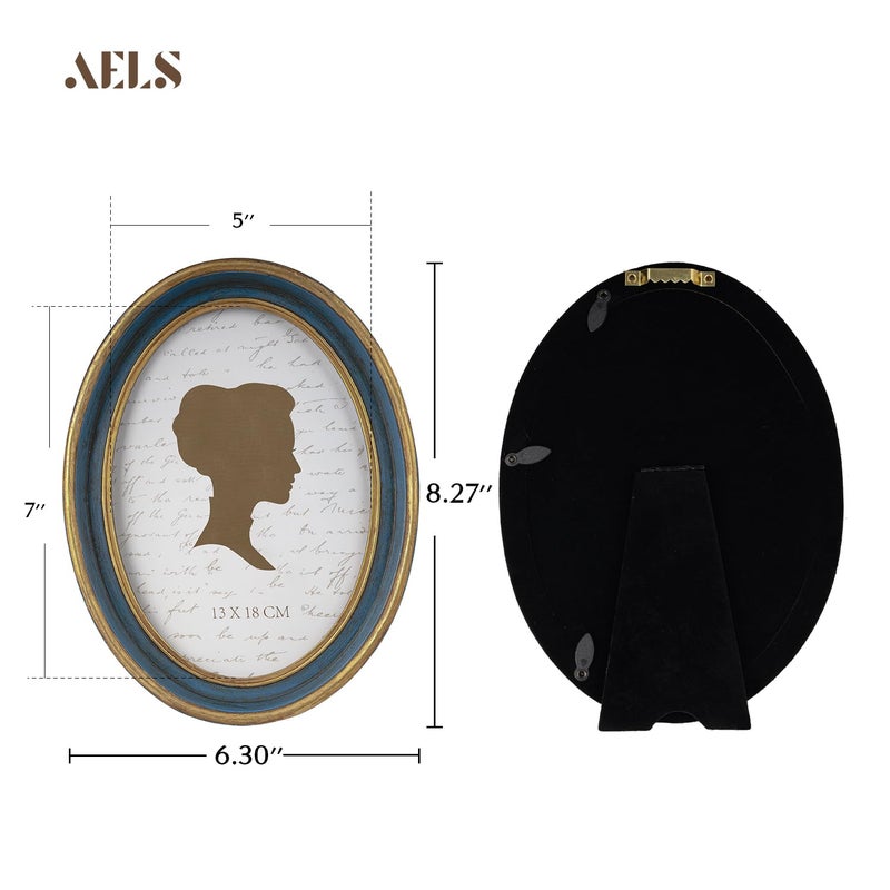 AELS 5x7 Inch Vintage Picture Frame, Elegant Antique Photo Frames with Glass Front, Photo Display, Tabletop Wall Hanging, Gift Ideas, Blue Oval with Gold Trim - Image 2
