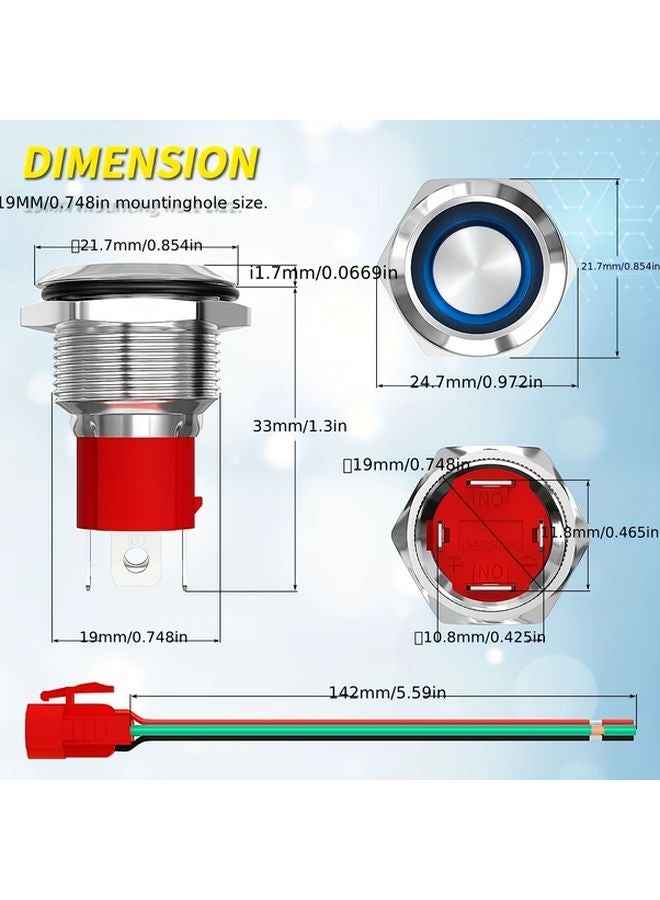 19mm Blue LED Latching Push Button Switch 12V 20A Heavy Duty Self Locking ON OFF 4 Pin - Image 3