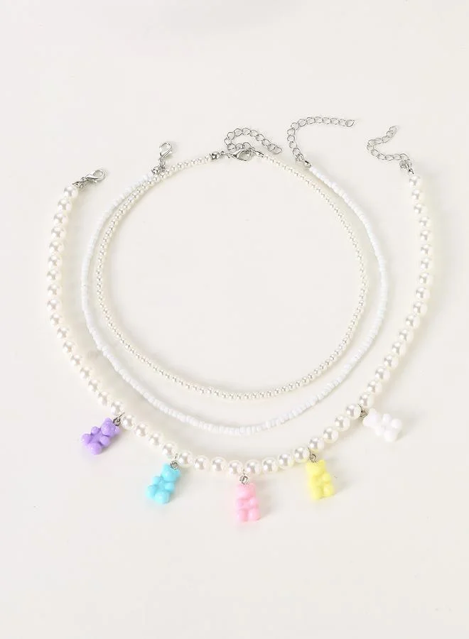 Take Two Pack of 3 - Girls Multi-Color Gummy Bear Charm Pearl Necklaces