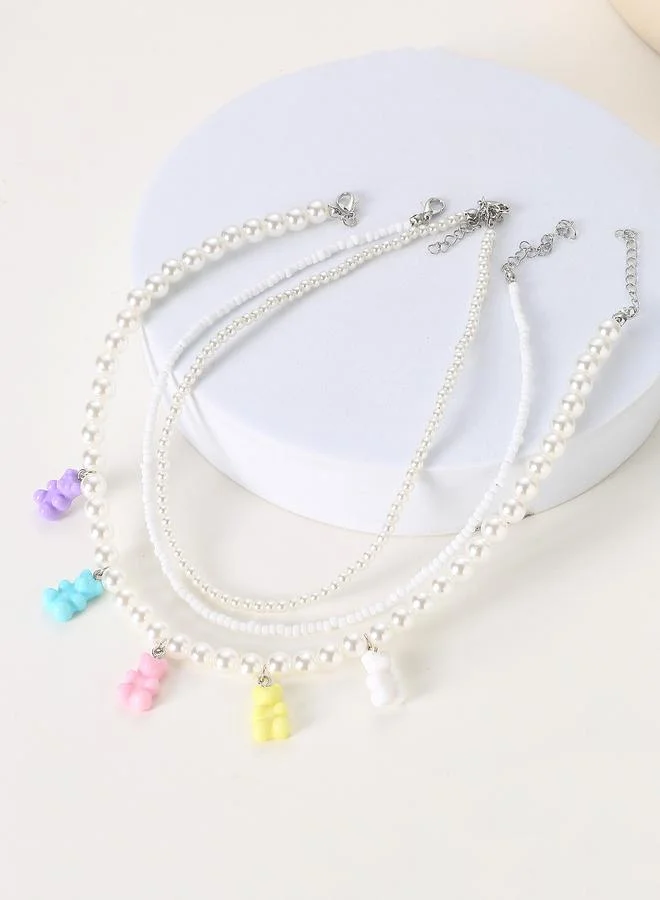 Take Two Pack of 3 - Girls Multi-Color Gummy Bear Charm Pearl Necklaces