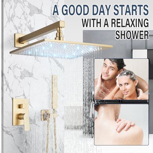 Saeuwtowy 12 Inches LED Shower Head with Brass Handheld Shower Head Shower System Luxury Shower Faucets Sets Complete Shower Combo Set Rough-in Valve Body and Trim Kit Included 1 - Image 5