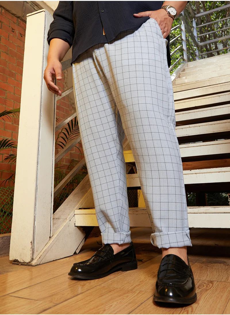 انستافاب بلس Instafab Plus Men's Cloud Grey Graph Tailored Trousers For Casual Wear | Mid-Rise | Regular Fit | Button Closure | Plus Size Trousers Crafted With Comfort Fit For Everyday Wear