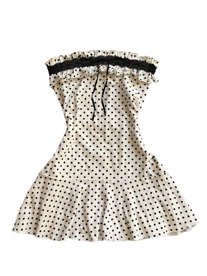 WDIRARA Women's Polka Dots Strapless Ruffle Mini Dress Lace Sleeveless Tube Dresses Beige Small - Image 1