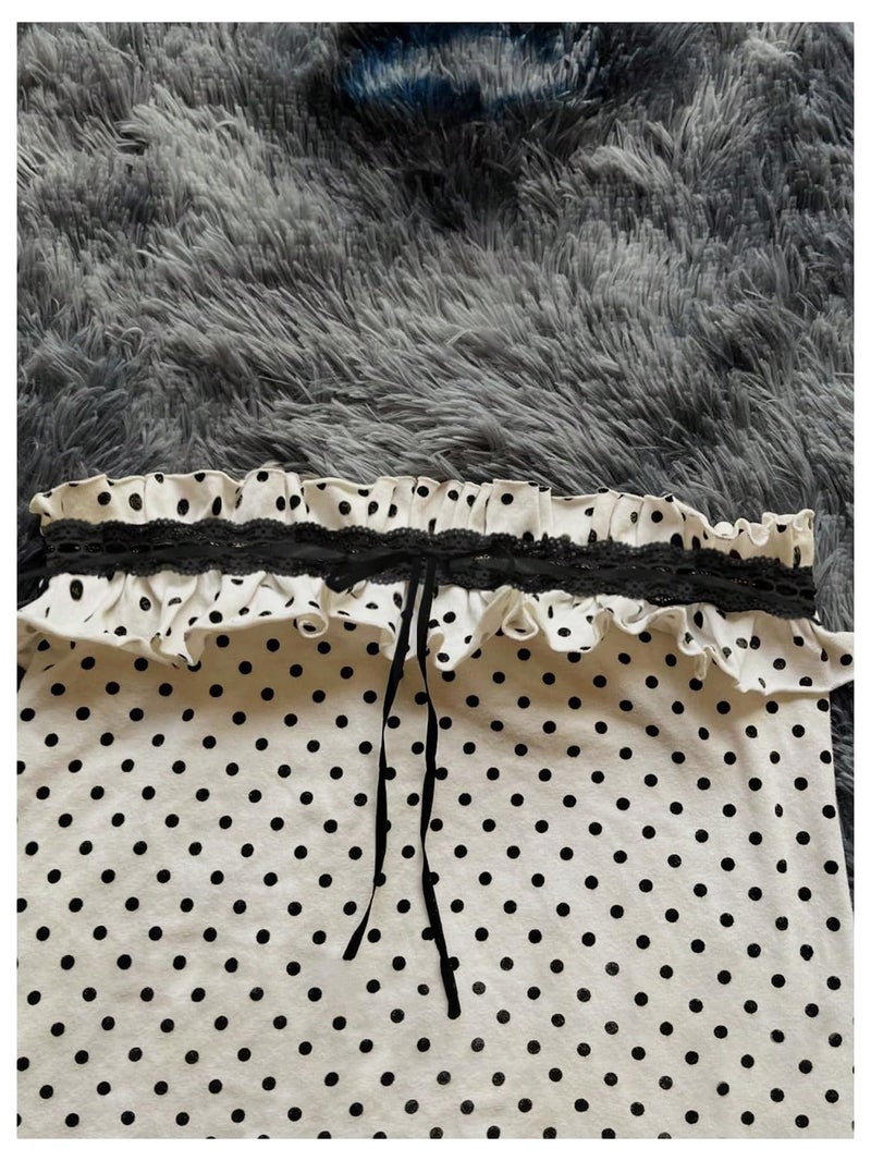 WDIRARA Women's Polka Dots Strapless Ruffle Mini Dress Lace Sleeveless Tube Dresses Beige Small - Image 2