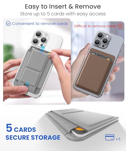 GONEZ for MagSafe Wallet with Stand, Stronger Magnetic Card Holder for iPhone 17/16/15/14/13/12 Series, Premium Leather Phone Wallet with RFID Blocking, 1 Slot, Fit 5 Cards, Light Grey - Image 4