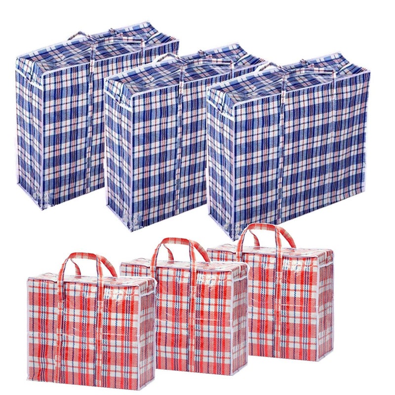 TSY TOOL Set of 6 Large Jumbo Plastic Checkered Laundry Bags with Zipper and Handles for Travel Laundry Shopping Storage MovingSize27x23x55 and 19x19x4 Color may vary