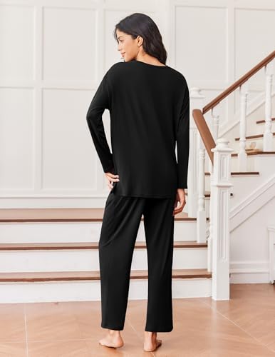 Ekouaer Lounge Sets for Women Long Sleeve Pajamas 2026 Loungewear Soft Comfy Pjs Two Piece Travel Outfits SetBlackL - Image 3