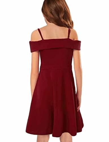 LuckyShe Big Girls Princess Dresses Elegant Cold Shoulder A Line Swing Party Dress for Kids,Dark Red,11-12 Years - Image 3
