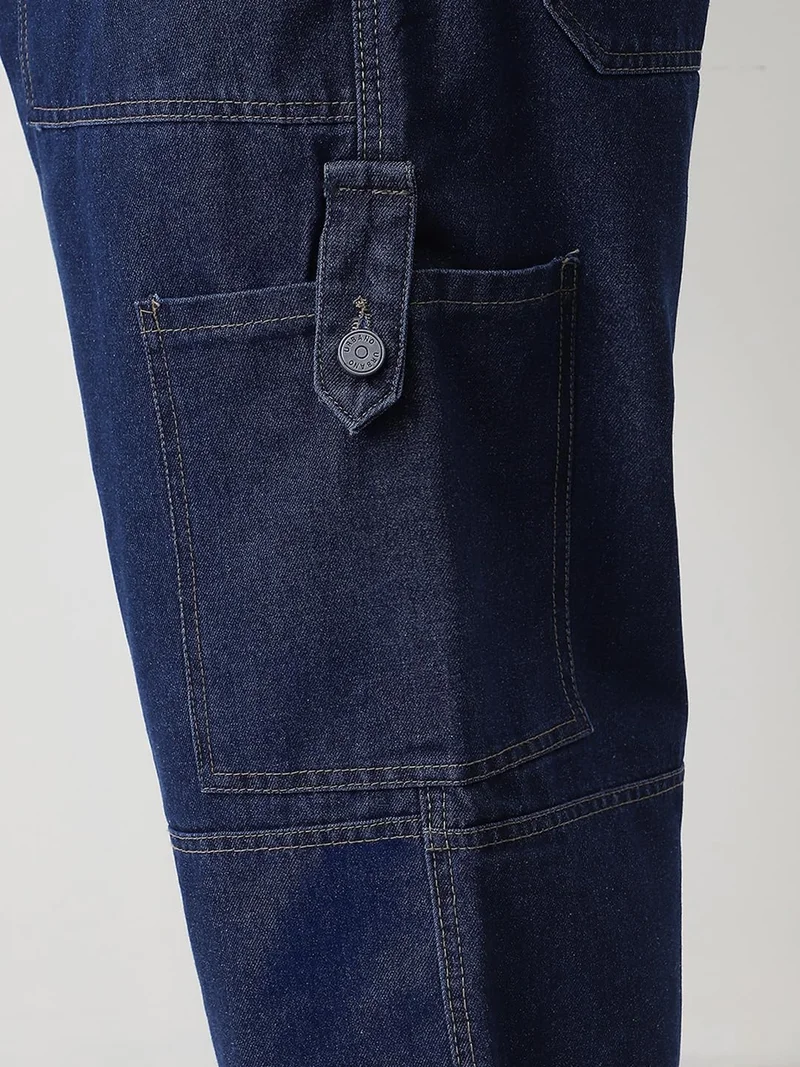 Urbano Fashion  Urbano Plus Men's Blue Loose Baggy Fit Washed Cargo Jeans with 6 Pockets Non-Stretchable  | Best Price UAE