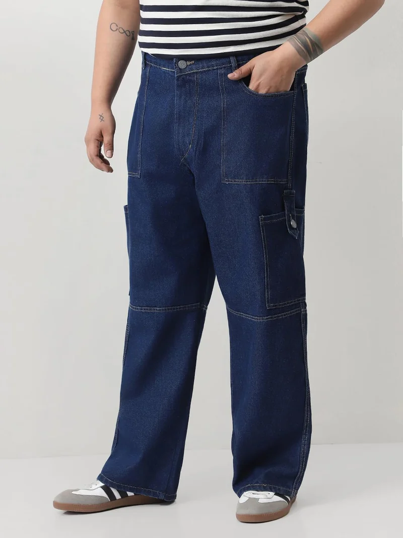 Urbano Fashion  Urbano Plus Men's Blue Loose Baggy Fit Washed Cargo Jeans with 6 Pockets Non-Stretchable  | Best Price UAE