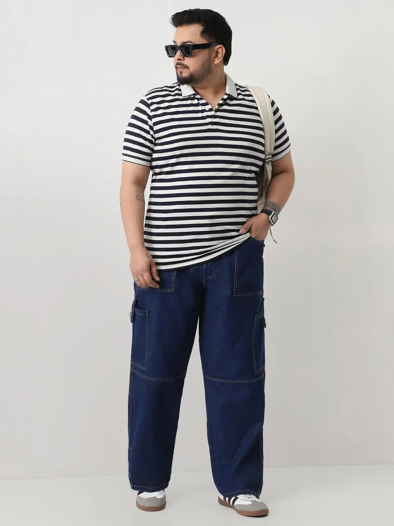 Urbano Fashion  Urbano Plus Men's Blue Loose Baggy Fit Washed Cargo Jeans with 6 Pockets Non-Stretchable  | Best Price UAE