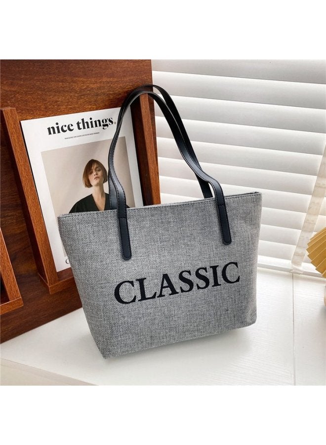 Texted Fashion Commuter Shoulder Bag Women's Bag 2024 Korean Style Cotton Linen Large Capacity Casual Portable Tote Bag-Color:letter Gray - Image 1