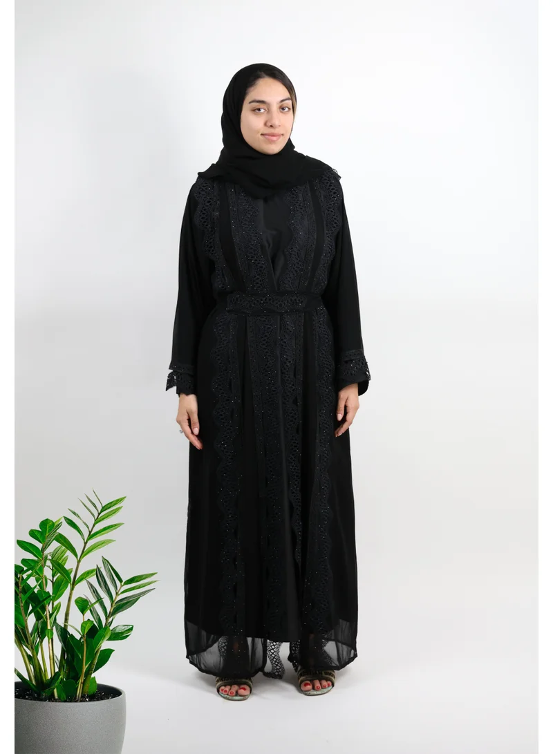 JAMEELA Midnight Lace & Sheer Overlay Abaya - Sophisticated Noir Elegance