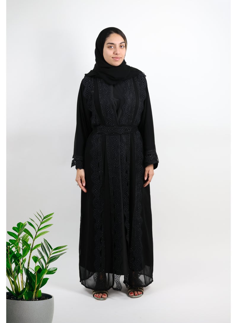 JAMEELA Midnight Lace & Sheer Overlay Abaya - Sophisticated Noir Elegance - Image 2