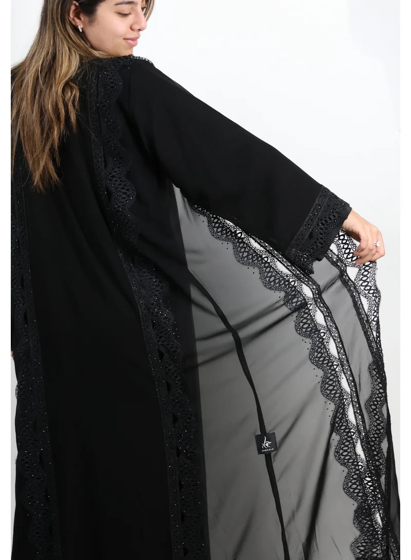 JAMEELA  Midnight Lace & Sheer Overlay Abaya - Sophisticated Noir Elegance for Women | Best Price UAE