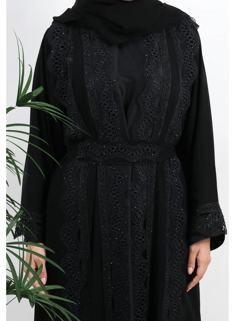 JAMEELA  Midnight Lace & Sheer Overlay Abaya - Sophisticated Noir Elegance for Women | Best Price UAE