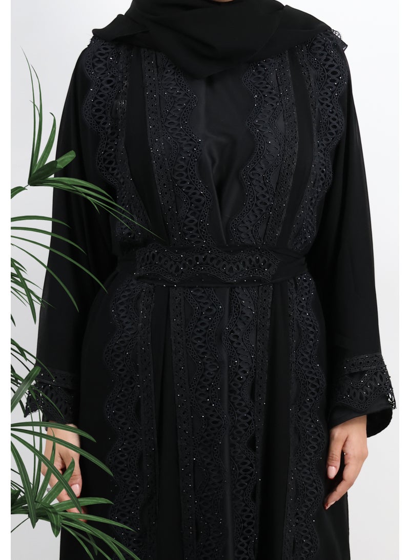 JAMEELA Midnight Lace & Sheer Overlay Abaya - Sophisticated Noir Elegance - Image 5
