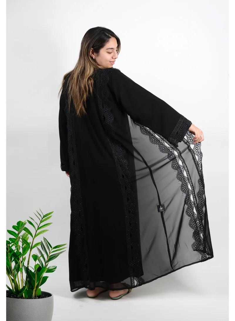 JAMEELA  Midnight Lace & Sheer Overlay Abaya - Sophisticated Noir Elegance for Women | Best Price UAE