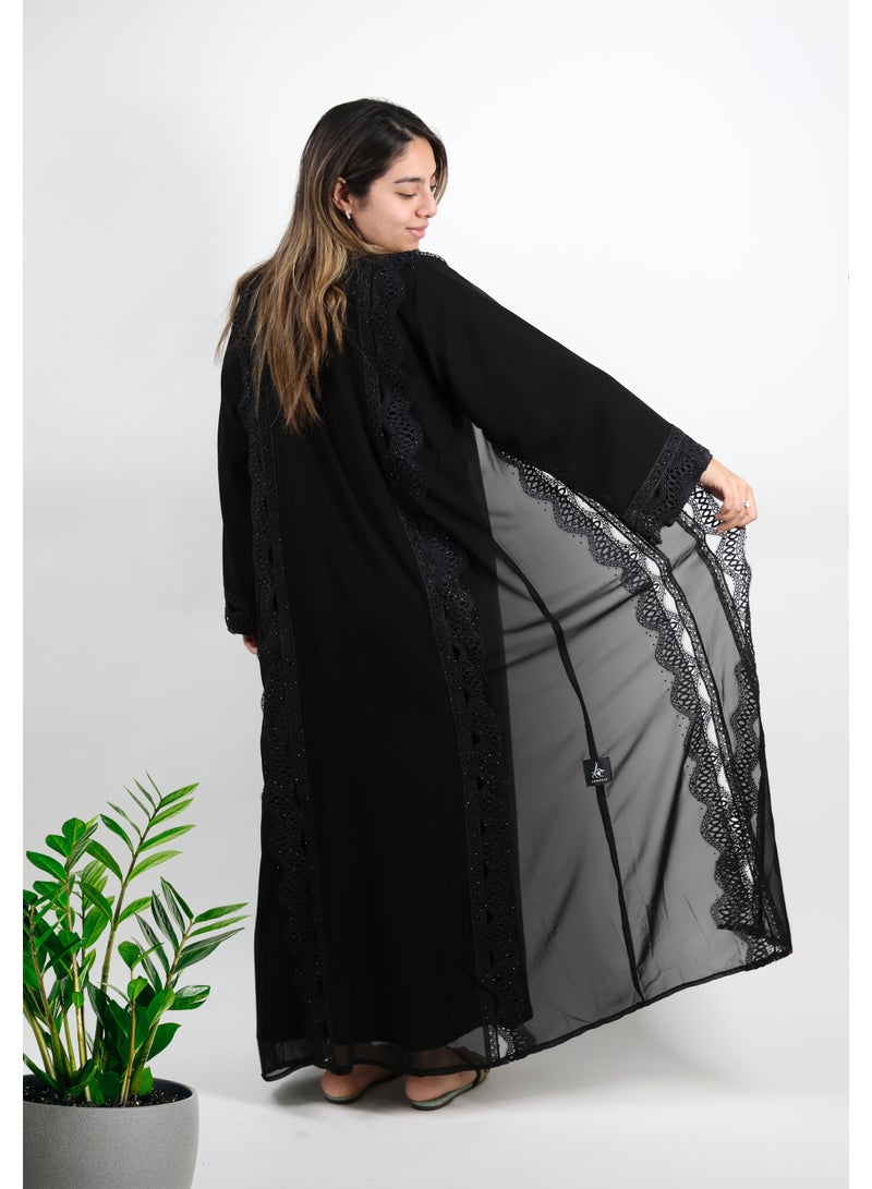 JAMEELA Midnight Lace & Sheer Overlay Abaya - Sophisticated Noir Elegance - Image 3