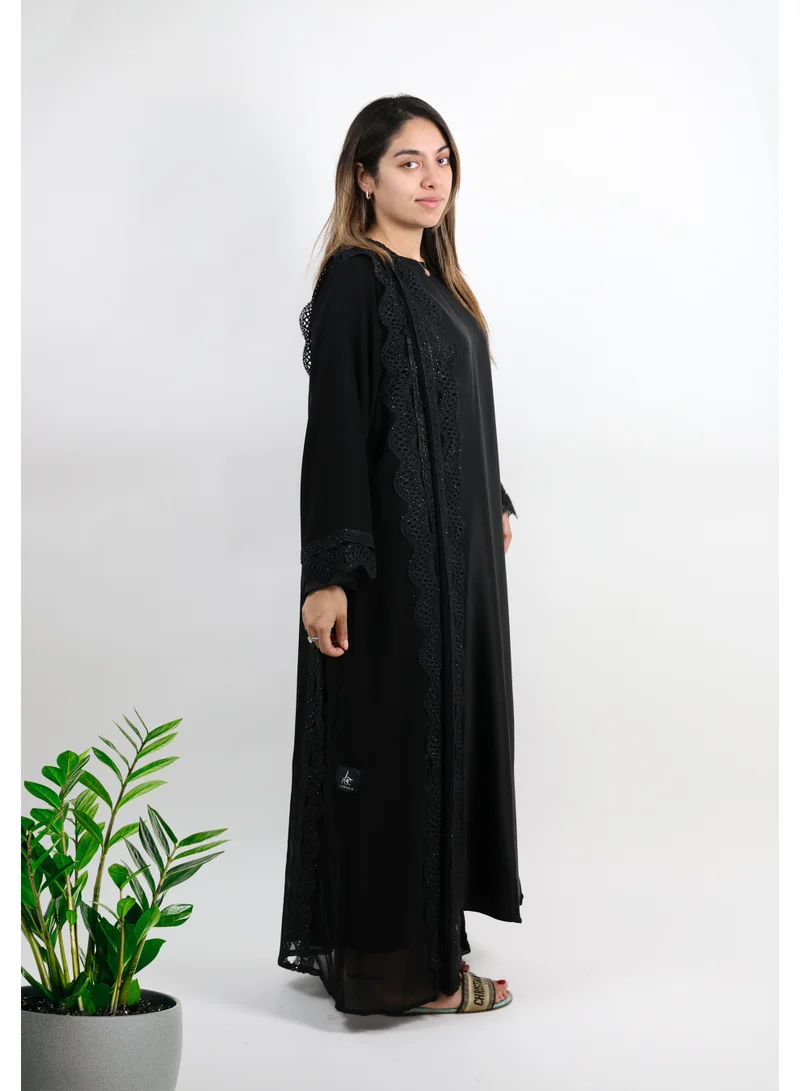 JAMEELA  Midnight Lace & Sheer Overlay Abaya - Sophisticated Noir Elegance for Women | Best Price UAE